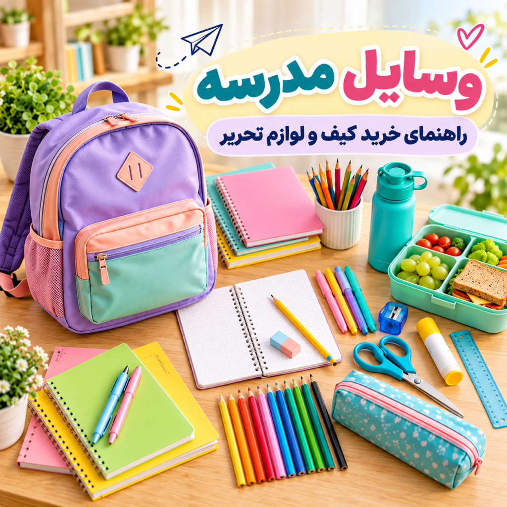 وسایل مدرسه شامل کیف مدرسه، دفتر، مداد رنگی، جامدادی، قمقمه و لوازم تحریر