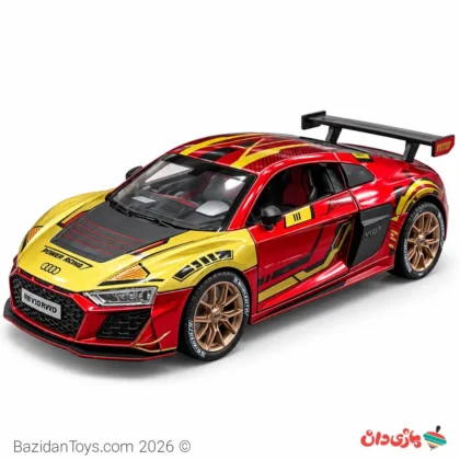 ماکت ماشین آئودی R8 طرح آیرون‌من قرمز طلایی با درب و کاپوت بازشو