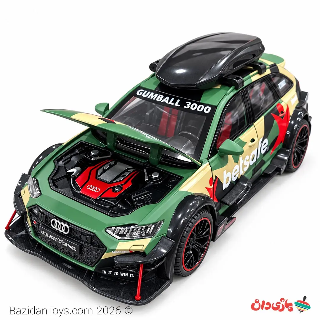 ماکت آئودی RS6 سبز Gumball 3000 با دربهای بازشو و کابین مشکی قرمز