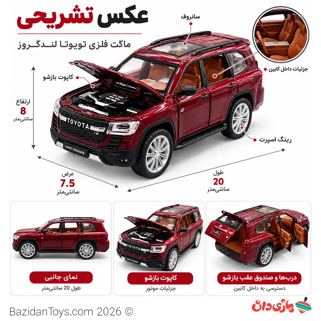 ابعاد ماکت تویوتا لندکروز ۳۰۰ زرشکی طول ۲۰ عرض ۷.۵ ارتفاع ۸ سانتیمتر