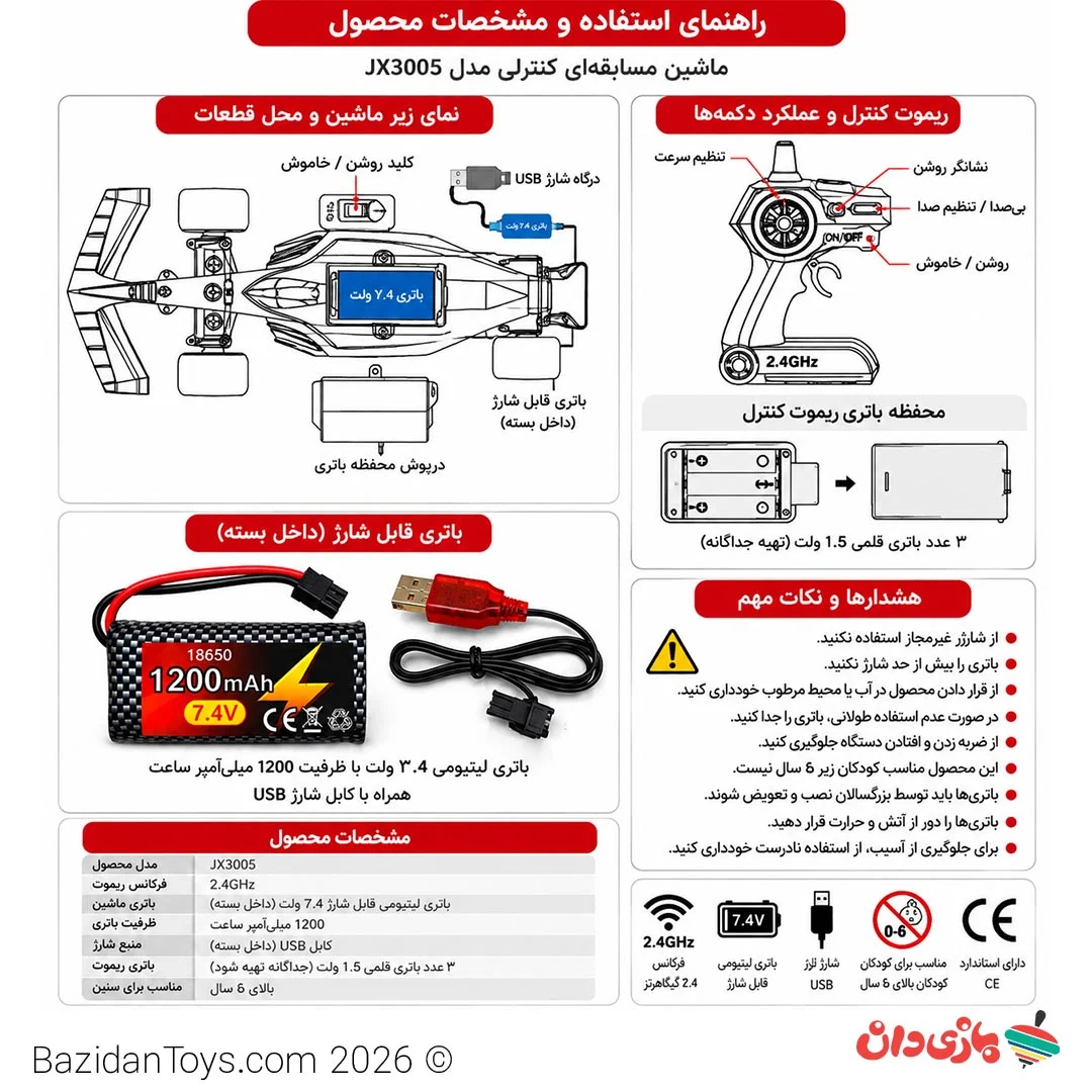 باتری لیتیومی 7.4 ولت 1200 میلی آمپر ماشین کنترلی فرمول یک با کابل شارژ USB